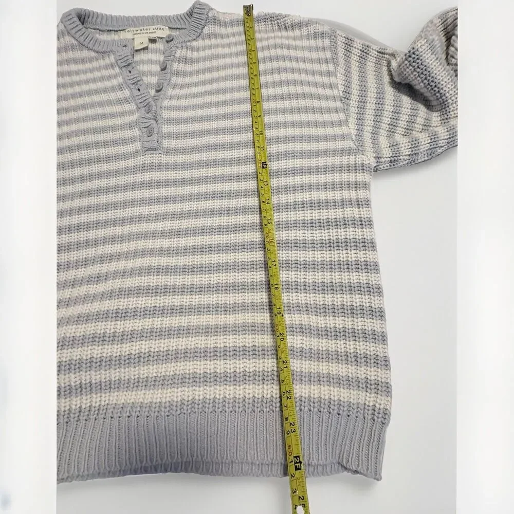 Anthro Saltwater LUXE Leilani Soft Rugby Sweater Sky Blue Ivory EUC Coastal